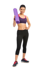 Young attractive woman holding a pink yoga mat. Isolated on white