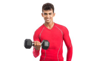 Indian young athlete wearing sporty outfit, lifting weights on white background.