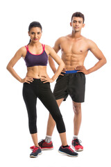 Fototapeta na wymiar Athletic couple - man and woman after fitness exercise on the white background