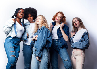 Fototapeta premium diverse multi nation girls group, teenage friends company cheerful having fun, happy smiling, cute posing isolated on white background, lifestyle people concept, african-american, asian and caucasian