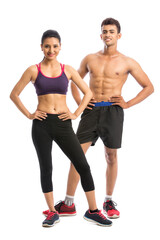 Fototapeta na wymiar Athletic couple - man and woman after fitness exercise on the white background