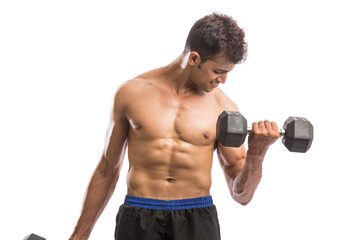 muscular young man lifting weights for biceps curl isolated on white