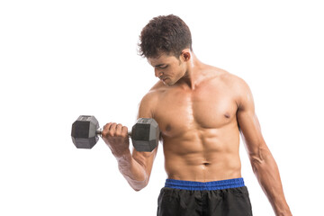 Fototapeta na wymiar muscular young man lifting weights for biceps curl isolated on white