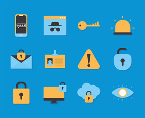 set of security icons on a blue background