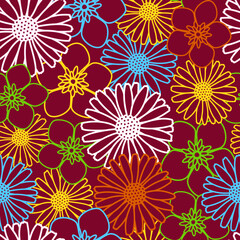Colourful, seamless floral pattern with buttercup and daisy motifs