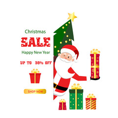 Vector illustration of seasonal christmas online sale template isolated on white background. Santa Claus, tree, star, gifts.