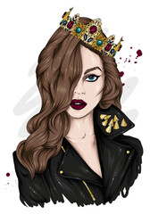 Beautiful girl in a stylish leather jacket and crown. Fashion and style, clothing and accessories. Vector illustration. - 401426398
