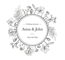 Beautiful elegant wedding invitation with outline graphic flowers and leaves and text in circle. - Vector