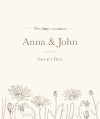 Beautiful wedding invitation card with graphic line flowers on light beige background. - Vector