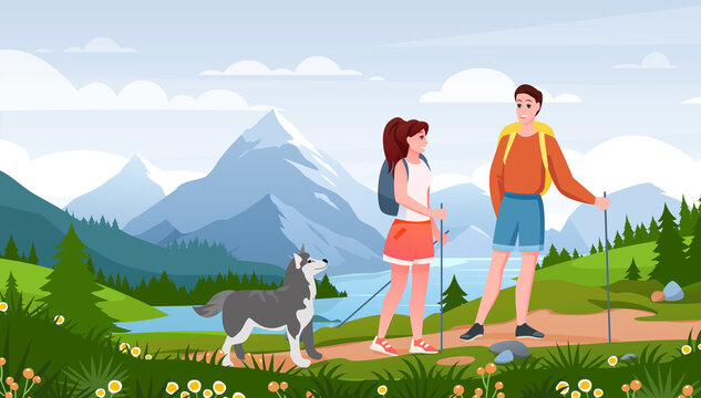 Summer travel activity, cartoon happy traveler woman man couple people and pet friend walk path