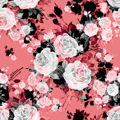  Lovely floral seamless pattern drawn by oil paints on paper roses