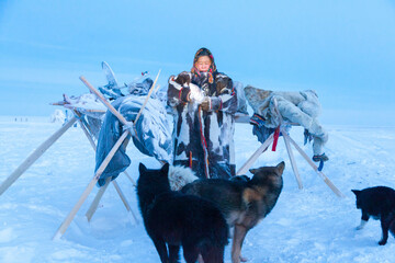 A woman, in the national winter clothes of the northern inhabitants of the tundra, plays with a...