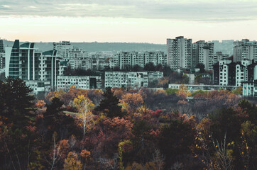 Fototapeta premium Chisinau city skyline at sunset on a cloudy day moody vibe