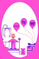 A child in a baby bed. Greeting card. Collection of colored icons for girls