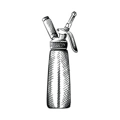 Hand drawn sketch of Cream siphon (dispenser, creamer) on a white background. Black and white sketch of cream dispenser. Bar inventory