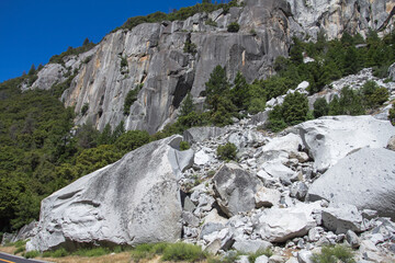 Amazing view of famous Yosemite Valley with rocks and river on a beautiful sunny day with blue sky in summer, Yosemite National Park, California, USA