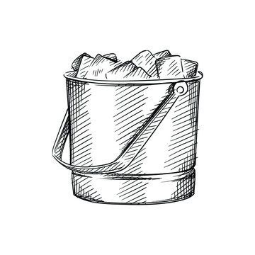 recommend clip art: Hand drawn sketch of ice bucket for cold drinks on a white background. Black and white sketch of bucket with ice. Bar inventory