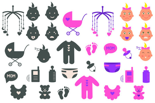 Baby icons for girls. Collection of colored badges depicting a baby and baby accessories
