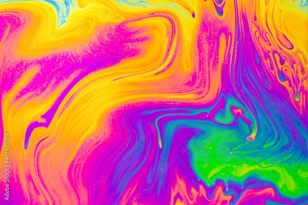Wall mural psychedelic multicolored patterns background. photo macro shot of soap bubbles