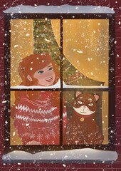 Christmas illustration, girl and cat near window