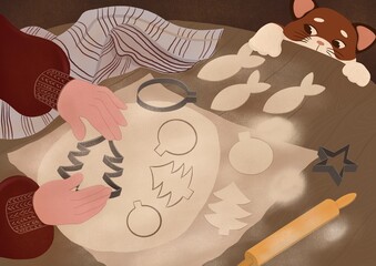 Christmas cooking gingerbread. Sly cat