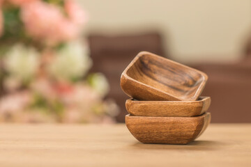 Dishes from the olive tree on wooden table.