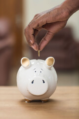 Hand with coin dropping in piggy bank.