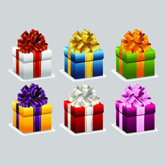 New year set gift box with ribbon and bow. Vector illustration.	