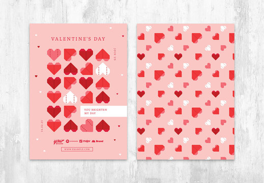 Valentines Day Card Layout with Geometric Origami Heart Shape Pattern