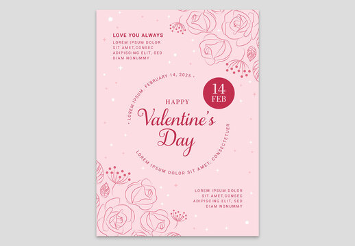 Valentines Day Flyer Layout Card with Illustrated Rose Flowers