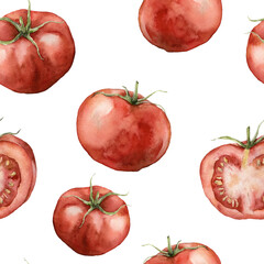 Watercolor tomato seamless pattern. Hand painted food isolated on white background. Autumn harvest festival. Botanical illustration for design, print or background.