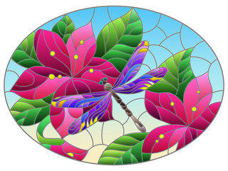 Illustration in stained glass style with a dragonfly and bright flowers on a blue background, oval image