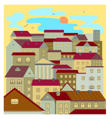 Vector illustration of a city. Poster, background yellow , bright houses in a minimalist style. Design for printing products, textiles, interiors.