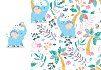 Baby elephant pouring itself water from trunk with floral backdrop. Alphabetical Kids card print template and seamless background pattern. Hand drawn fabric surface design. Two vector illustrations.