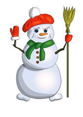 Fabulous Christmas character snowman in beret, mittens and with a broom.