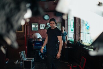 Illuminators with lighting equipment, lighting devices on the set.