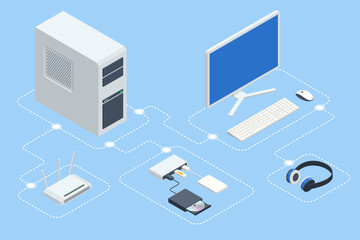 Isometric digital devices. Home computer network. Home wifi network. Internet via router on computer. Computer and peripherals, multimedia, home office stuff