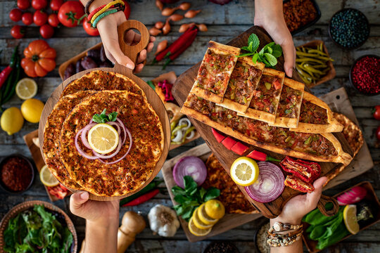 Traditional Turkish food, lahmacun and kiymali and kusbasili pide