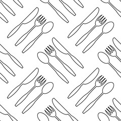 Food Seamless Pattern for Cafe. Fork Spoon Knife Logo Design Isolated on White Background.