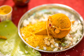 Decorated coconut with Thali in Hindu Indian wedding ceremony