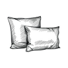 Hand drawn sketch of pillows on a white background. Black and white sketch of two pillows. Going to sleep. Sleeping set - 401431129