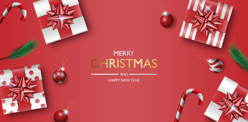 Christmas gifts box background, Christmas poster, greeting card, vector illustration