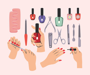 set of manicure icons on a pink background
