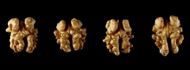 Walnuts set and collection isolated on black background, top view and clipping path