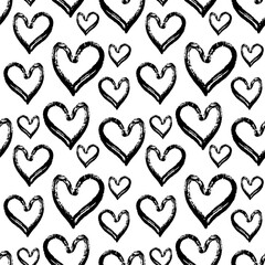 Textured abstract black and white heart seamless pattern. Romantic monochrome girlish design for wrapping paper, textile design, backgrounds and backdrops.