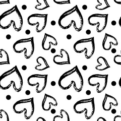Textured abstract black and white heart seamless pattern. Romantic monochrome girlish design for wrapping paper, textile design, backgrounds and backdrops.