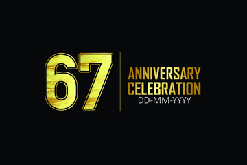 67 year anniversary celebration Yellow Golden Color Sporty Design logotype. anniversary logo isolated on Black background, for celebration, invitation card, and greeting card - Vector