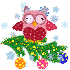 Lovely cartoon owl tangled in a garland of glowing light bulbs on a spruce branch decorated with balls, garlands. Christmas card