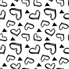 Textured abstract black and white heart seamless pattern. Romantic monochrome girlish design for wrapping paper, textile design, backgrounds and backdrops.
