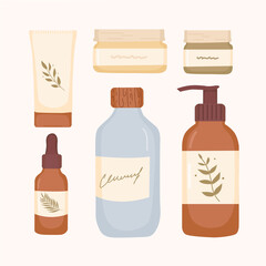 Flatlay composition with natural organic cosmetic products in bottles,tubes and jars for skin care. Skincare routine set. Flat vector illustration.